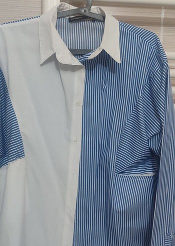 Mavi Çizgili ve Düz Kadın Gömlek - Görsel 2
