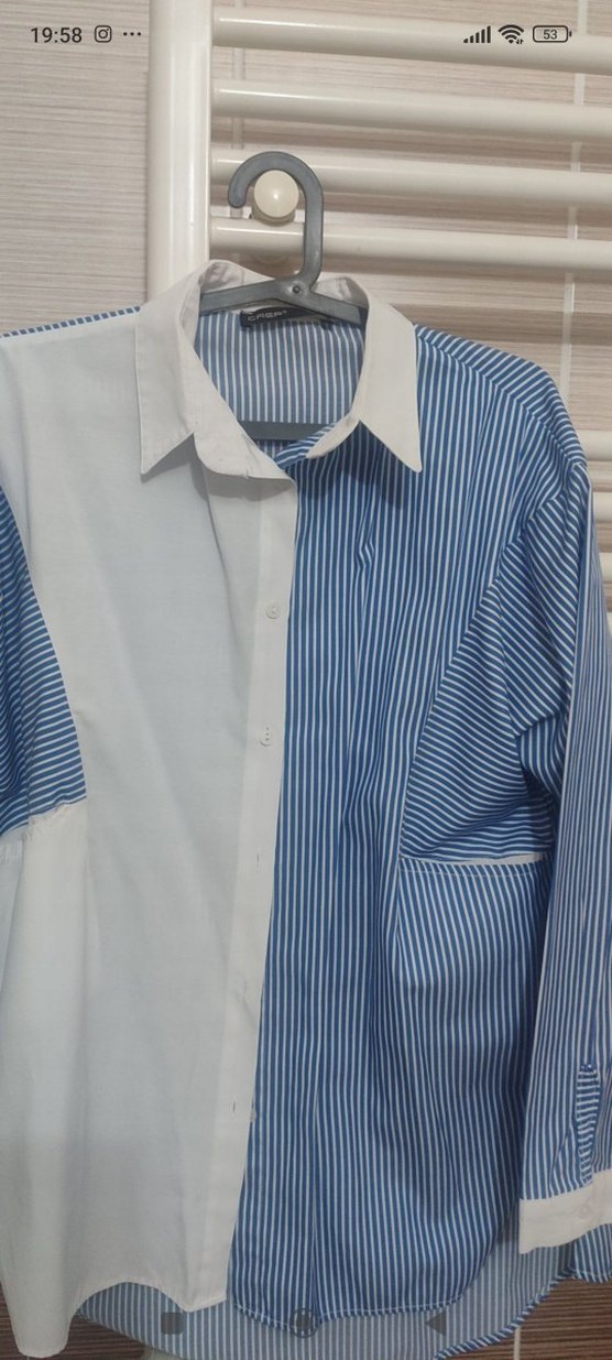 Mavi Çizgili ve Düz Kadın Gömlek - Görsel 2