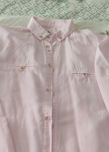 Düğmeli Pembe Keten çocuk  Gömlek - Görsel 3
