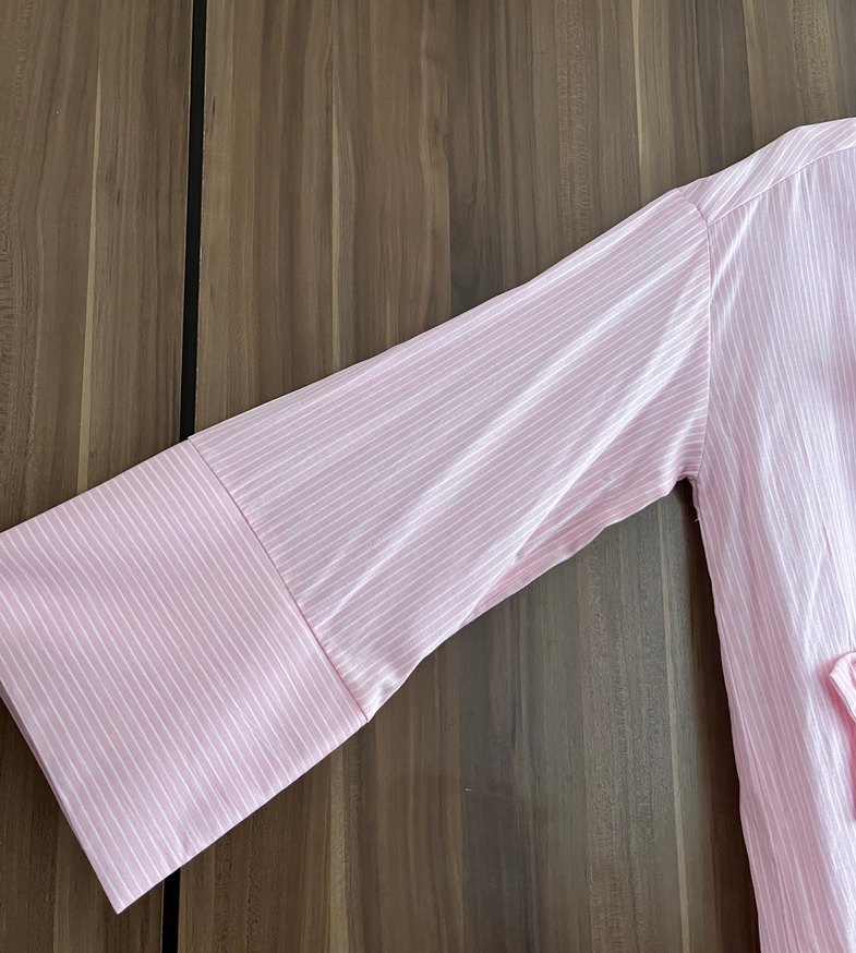 Pembe Fiyonklu Çizgili Kadın Gömlek - Görsel 2