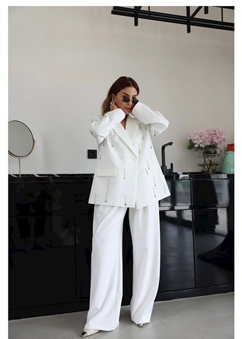 Özge özgenç Uzun Beyaz Kadın Blazer Ceket - Görsel 2