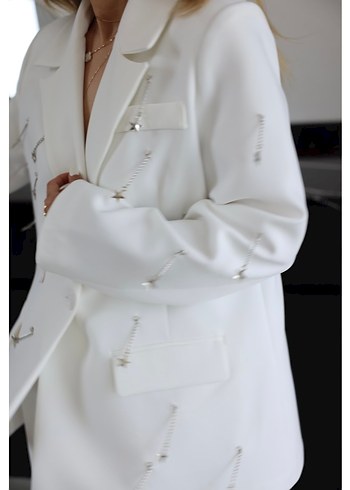 Özge özgenç Uzun Beyaz Kadın Blazer Ceket - Görsel 3