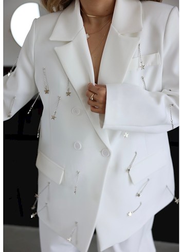 Özge özgenç Uzun Beyaz Kadın Blazer Ceket - Görsel 4