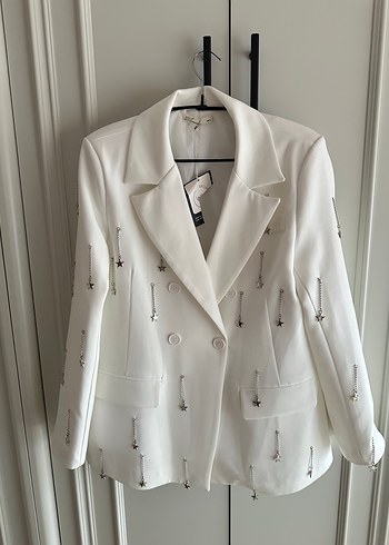 Özge özgenç Uzun Beyaz Kadın Blazer Ceket - Görsel 5