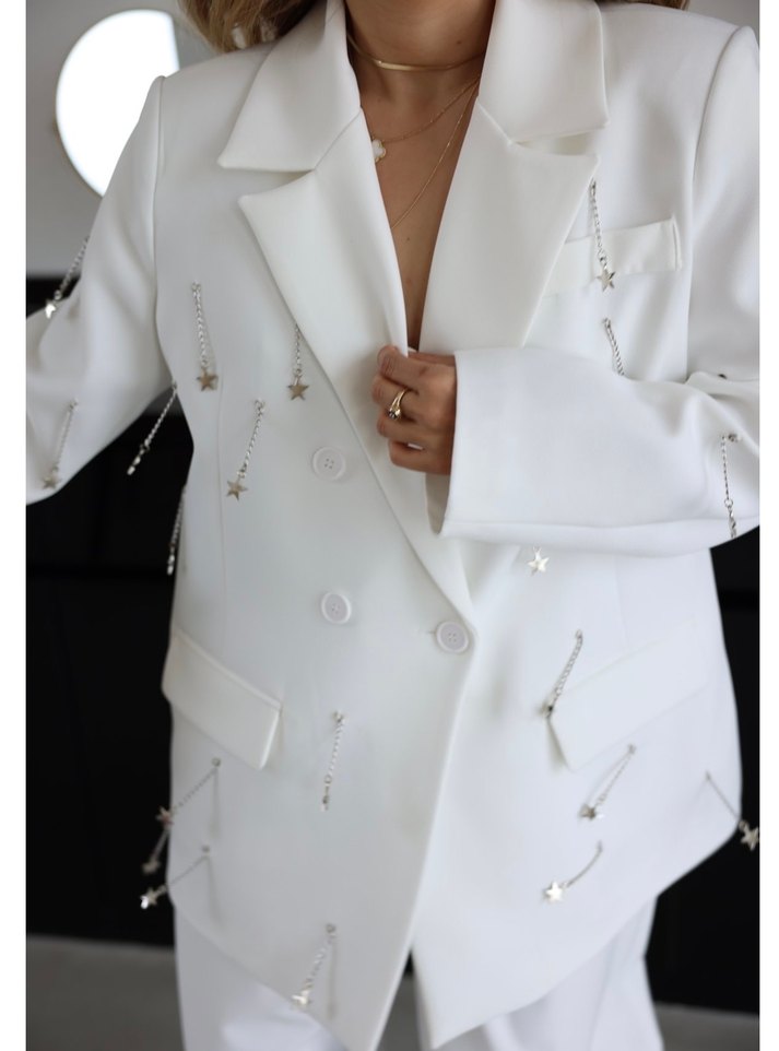 Özge özgenç Uzun Beyaz Kadın Blazer Ceket - Görsel 4