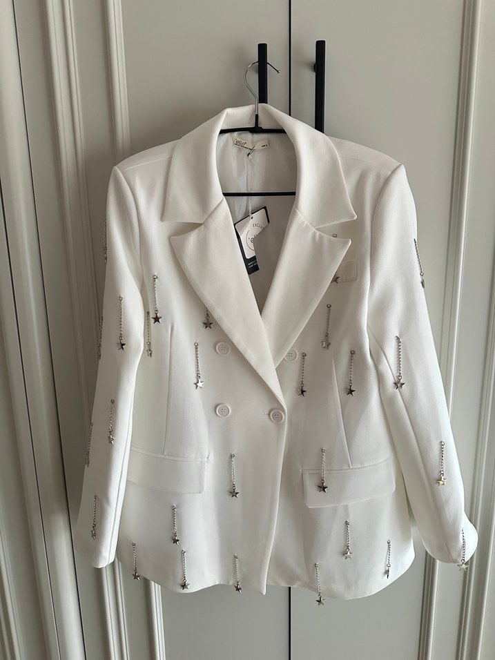 Özge özgenç Uzun Beyaz Kadın Blazer Ceket - Görsel 5