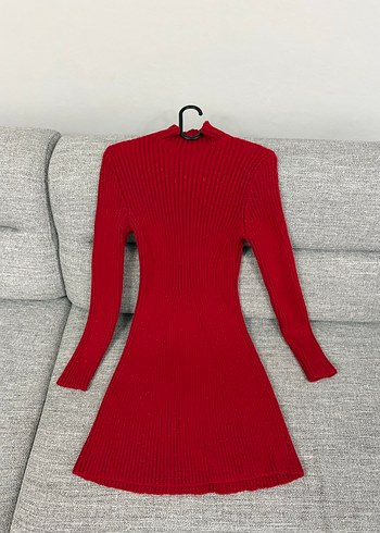 Kadın Kırmızı Yüksek Yaka Triko Elbise - Görsel 2
