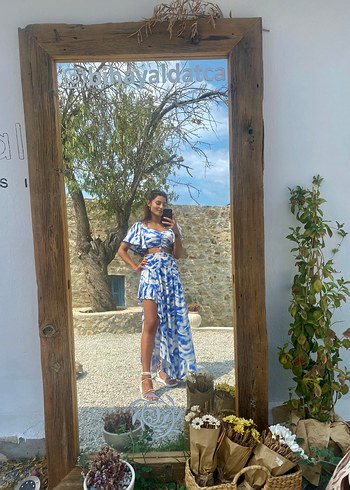 Mavi Batik Desenli Uzun Bohem Elbise - Görsel 2