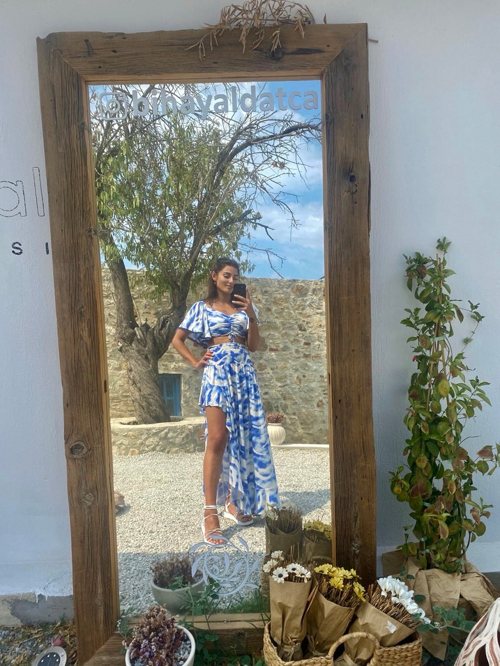 Mavi Batik Desenli Uzun Bohem Elbise - Görsel 2