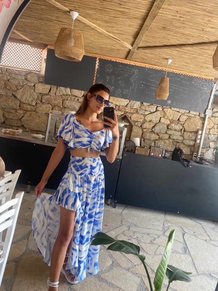 Mavi Batik Desenli Uzun Bohem Elbise - Görsel 3