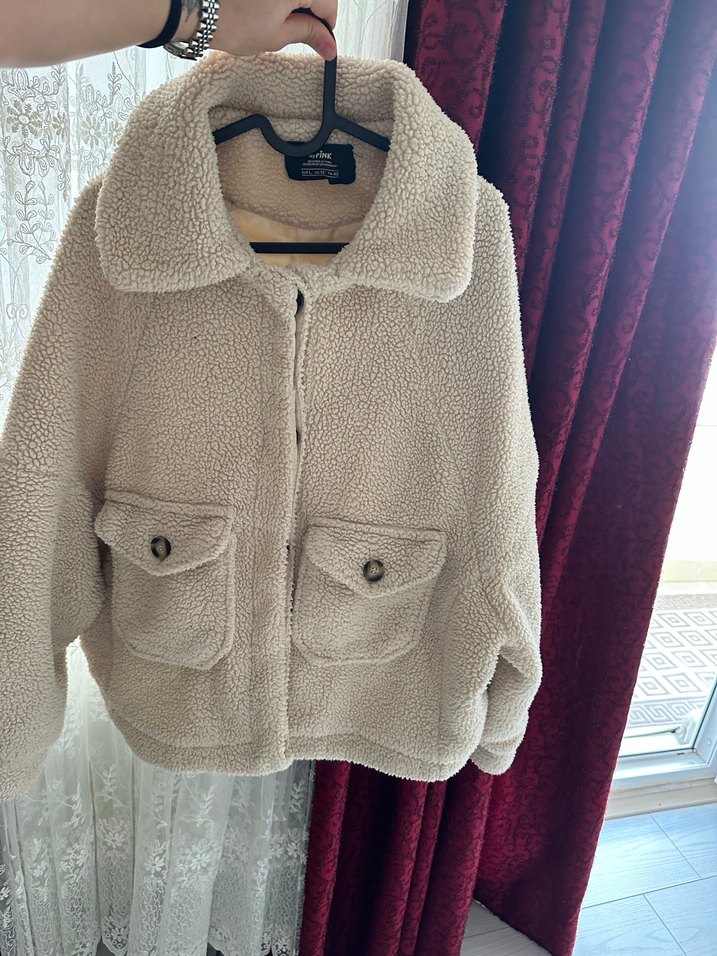 Krem  Tüylü Rahat Kadın Ceket - Görsel 3