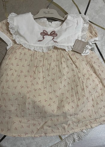 Kız Çocuk Bej Nakışlı Pamuklu Elbise - Görsel 2