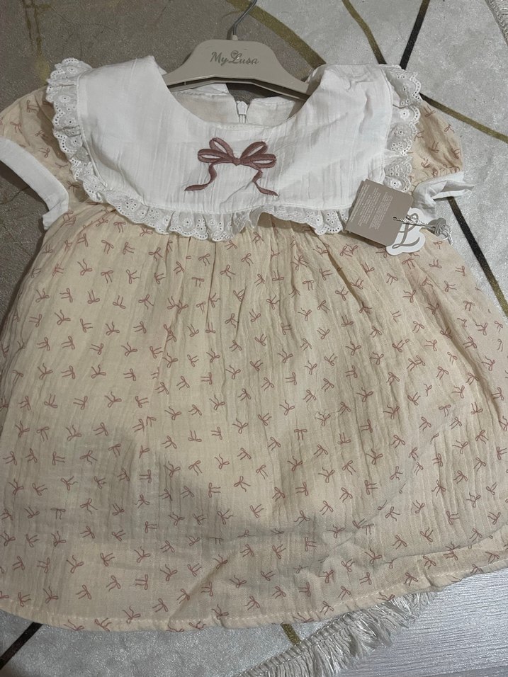 Kız Çocuk Bej Nakışlı Pamuklu Elbise - Görsel 2