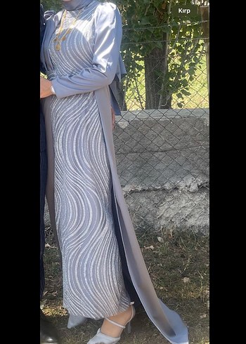 Gri Uzun Kollu Drapeli Abiye Elbise - Görsel 2