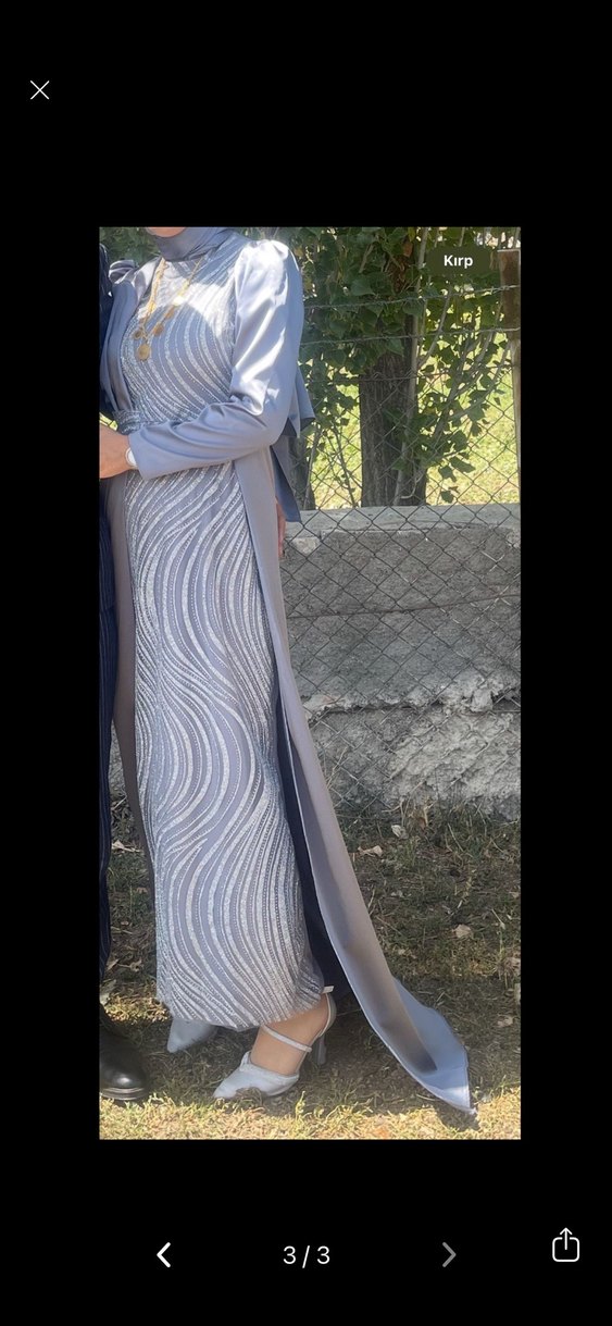 Gri Uzun Kollu Drapeli Abiye Elbise - Görsel 2