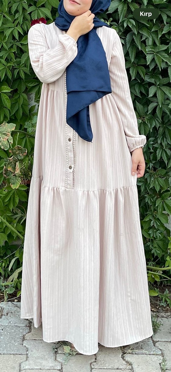 Bej Nakışlı Uzun Keten Elbise - Görsel 2