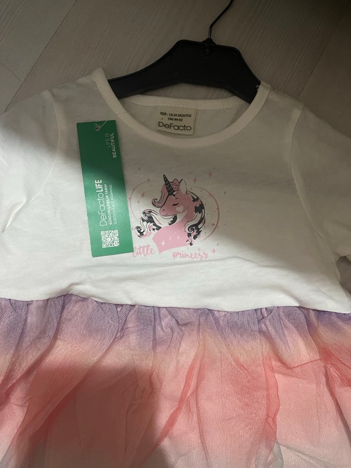 Kız Çocuk Unicorn Baskılı Tül Elbise - Görsel 2