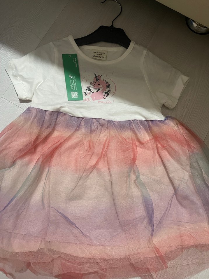 Kız Çocuk Unicorn Baskılı Tül Elbise - Görsel 3