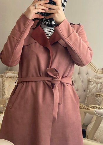Pembe Süet Kemerli Uzun Kadın Trençkot - Görsel 5