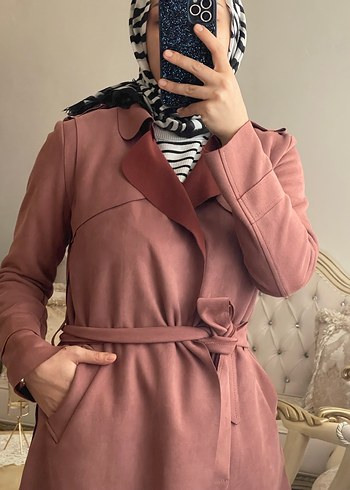 Pembe Süet Kemerli Uzun Kadın Trençkot - Görsel 2