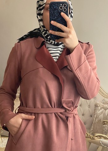 Pembe Süet Kemerli Uzun Kadın Trençkot - Görsel 3