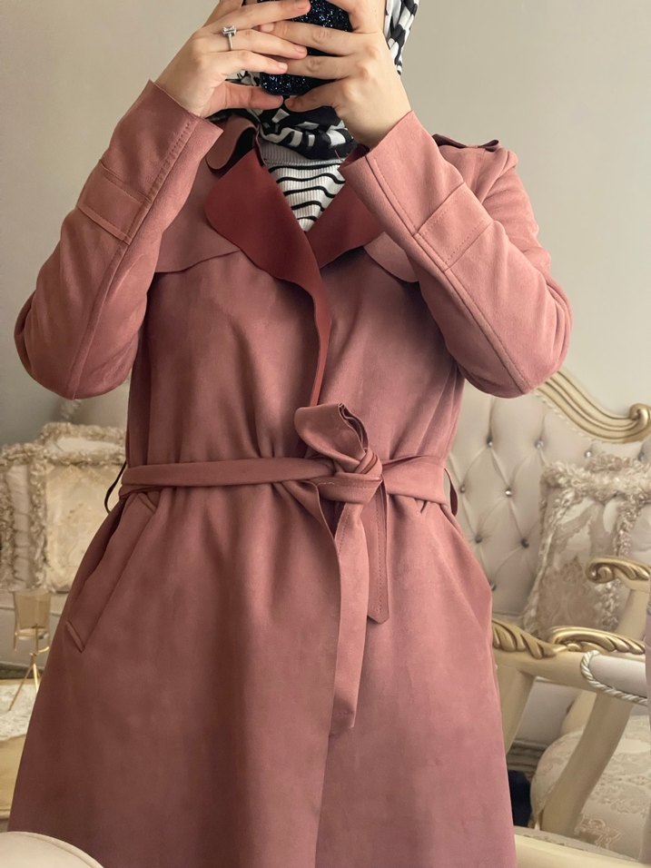 Pembe Süet Kemerli Uzun Kadın Trençkot - Görsel 5