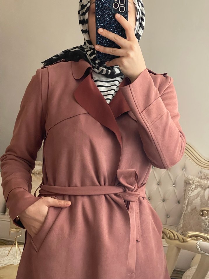 Pembe Süet Kemerli Uzun Kadın Trençkot - Görsel 2