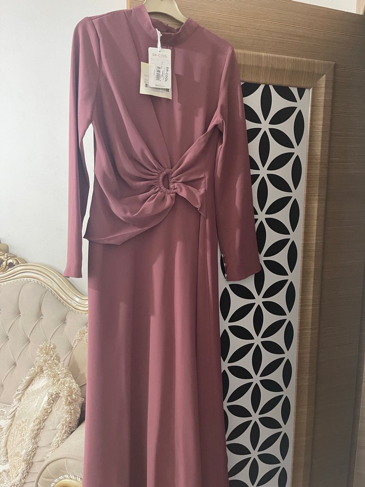 Bordo Uzun Kollu Drapeli Kadın Elbise - Görsel 2