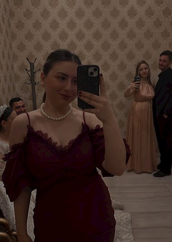 Bordo Uzun Kollu Fırfırlı Kalem Elbise - Görsel 2