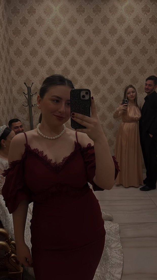 Bordo Uzun Kollu Fırfırlı Kalem Elbise - Görsel 2