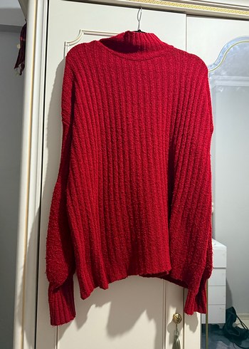 Kırmızı Yüksek Yakalı Örgü Kadın Kazak - Görsel 2