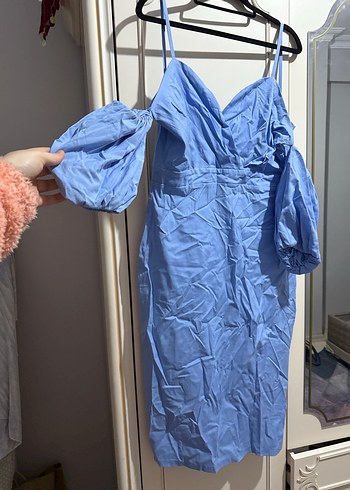 Mavi midi boy Bohem Drapeli Elbise - Görsel 4