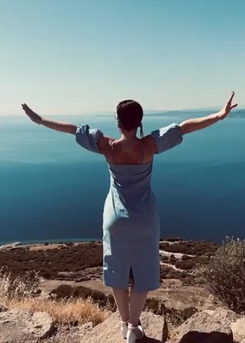 Mavi midi boy Bohem Drapeli Elbise - Görsel 2