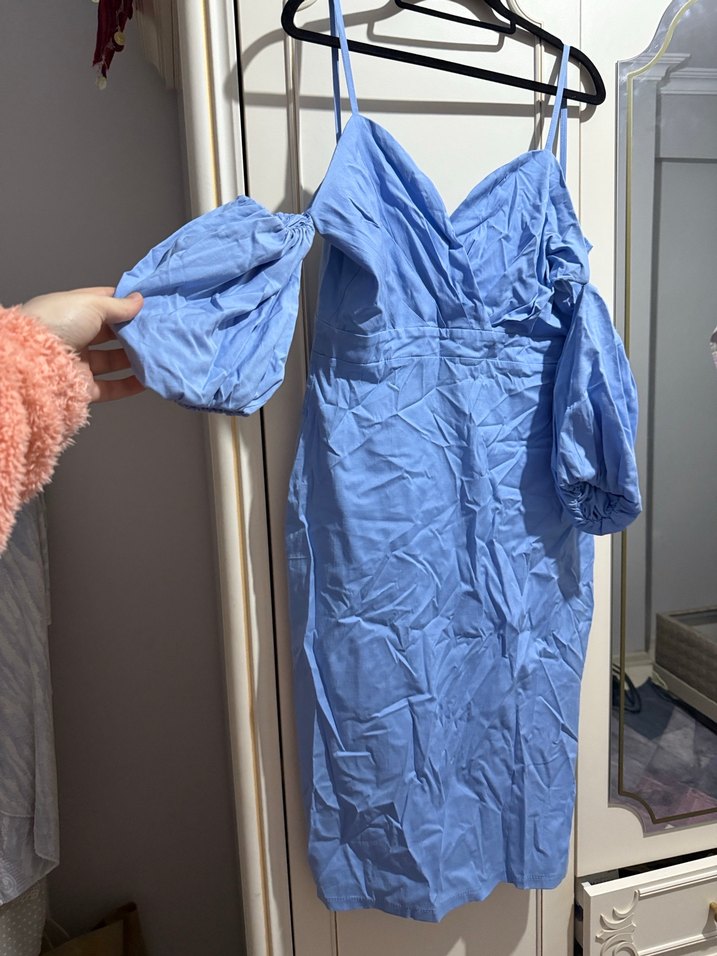 Mavi midi boy Bohem Drapeli Elbise - Görsel 4