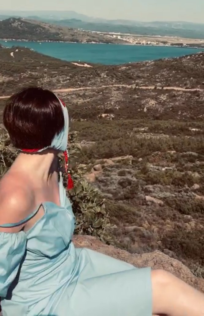 Mavi midi boy Bohem Drapeli Elbise - Görsel 3