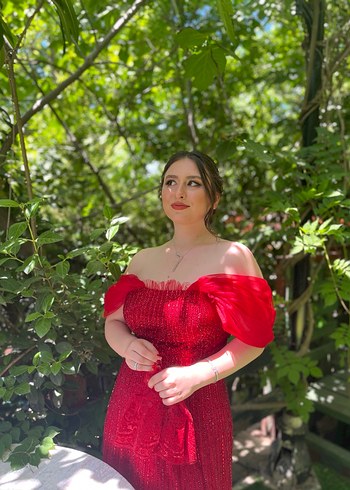 SuyoluParlak Kırmızı Straplez Midi Elbise - Görsel 5