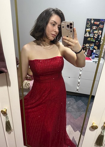 SuyoluParlak Kırmızı Straplez Midi Elbise - Görsel 9