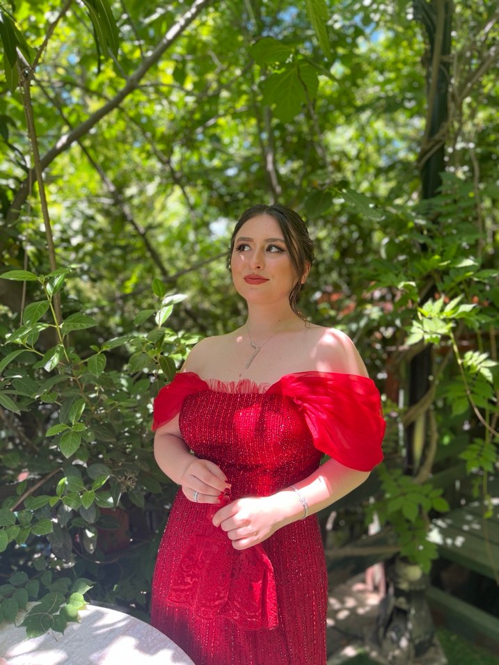 SuyoluParlak Kırmızı Straplez Midi Elbise - Görsel 5