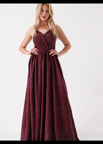 Bordo Uzun Drapeli Abiye Elbise - Görsel 3