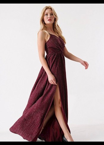 Bordo Uzun Drapeli Abiye Elbise - Görsel 2