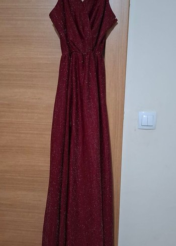 Bordo Uzun Drapeli Abiye Elbise - Görsel 4