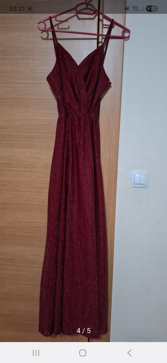 Bordo Uzun Drapeli Abiye Elbise - Görsel 4