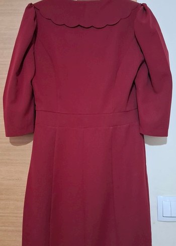 Bordo Midi V Yaka Fırfırlı Klasik Elbise - Görsel 2