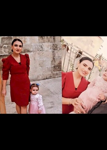 Bordo Midi V Yaka Fırfırlı Klasik Elbise - Görsel 3