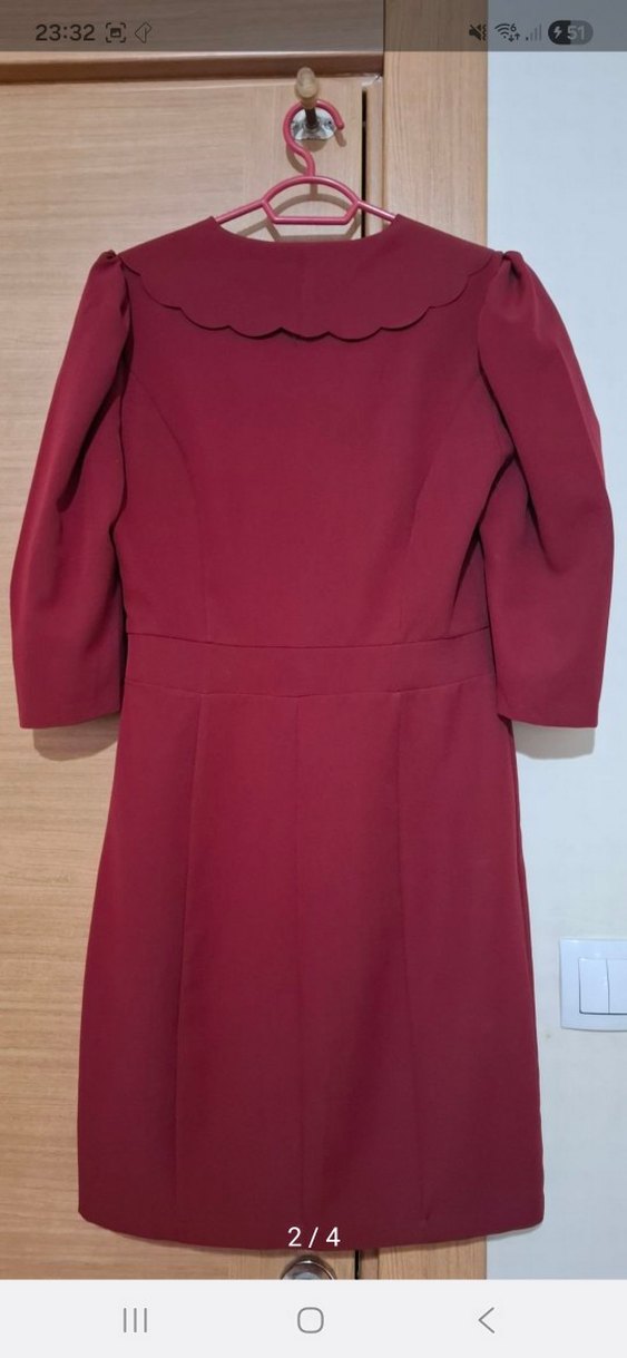 Bordo Midi V Yaka Fırfırlı Klasik Elbise - Görsel 2