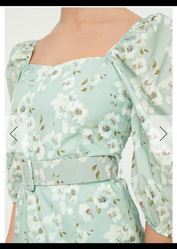 Beyaz Çiçek Desenli Turkuaz Mini Elbise - Görsel 2