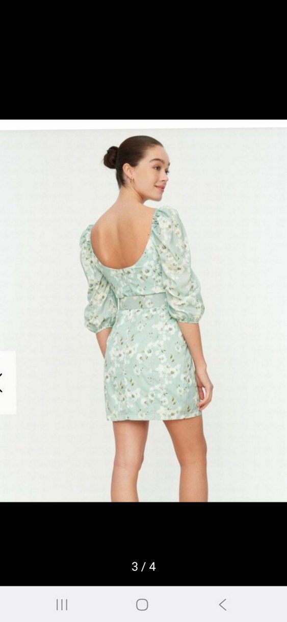 Beyaz Çiçek Desenli Turkuaz Mini Elbise - Görsel 3