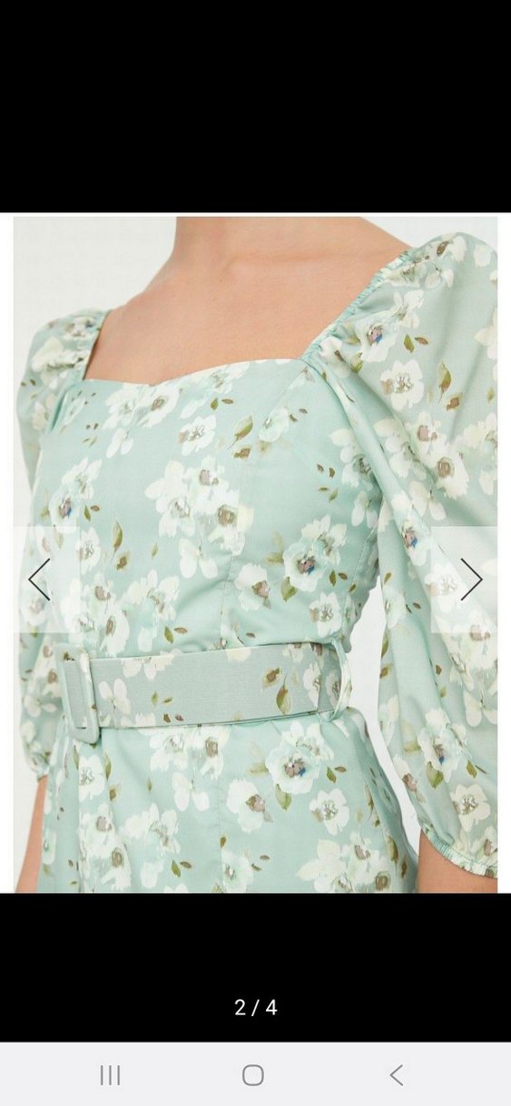 Beyaz Çiçek Desenli Turkuaz Mini Elbise - Görsel 2