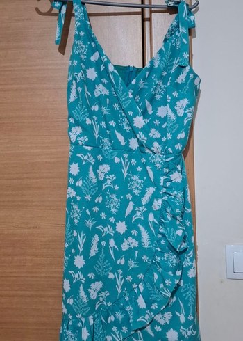 Turkuaz Mini V Yaka Fırfırlı Elbise - Görsel 2