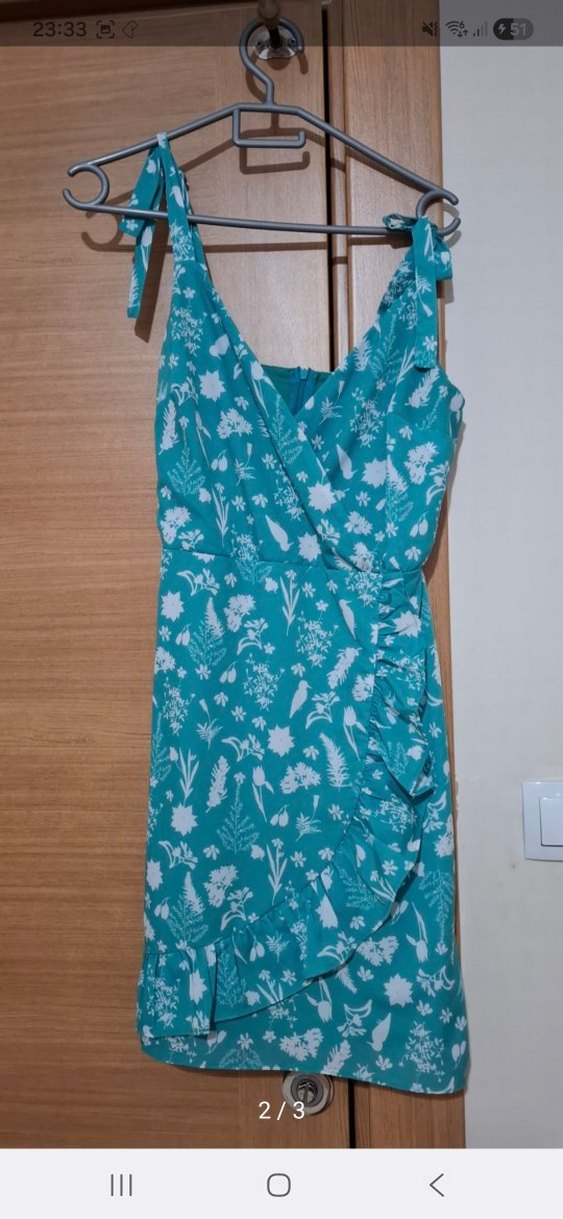 Turkuaz Mini V Yaka Fırfırlı Elbise - Görsel 2